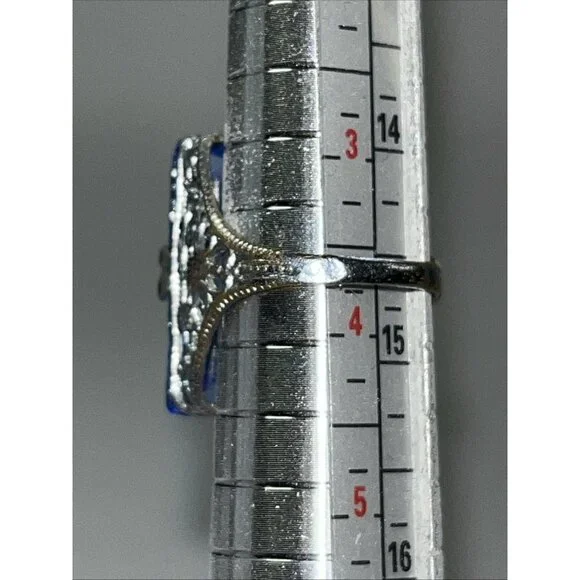 Vintage Art Deco 1950’s NEMCO Blue Gemstone Silver Filigree Ring Size 3.5 - Picture 3 of 5